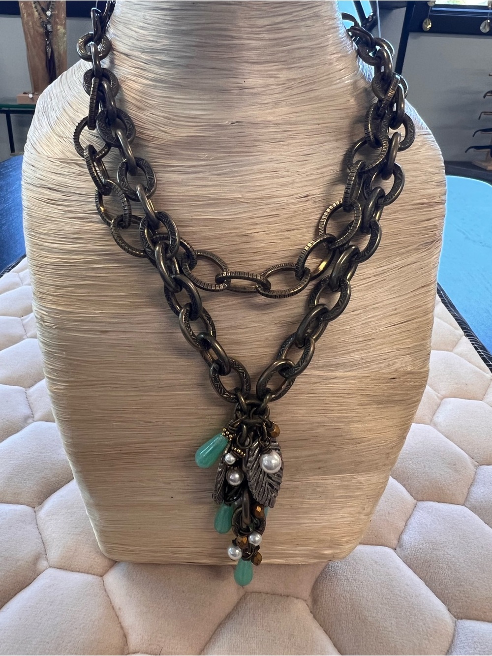 Layered Bronze Chain Necklace with Aqua Beads and Pearl Accents